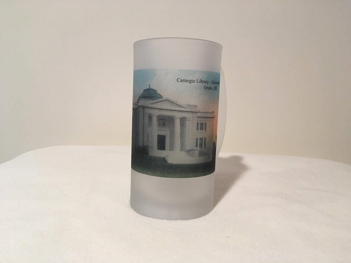 Colorful Frosted Glass Beer Mug of Carnegie Library at UMaine - Orono. - That Fabled Shore Home Decor