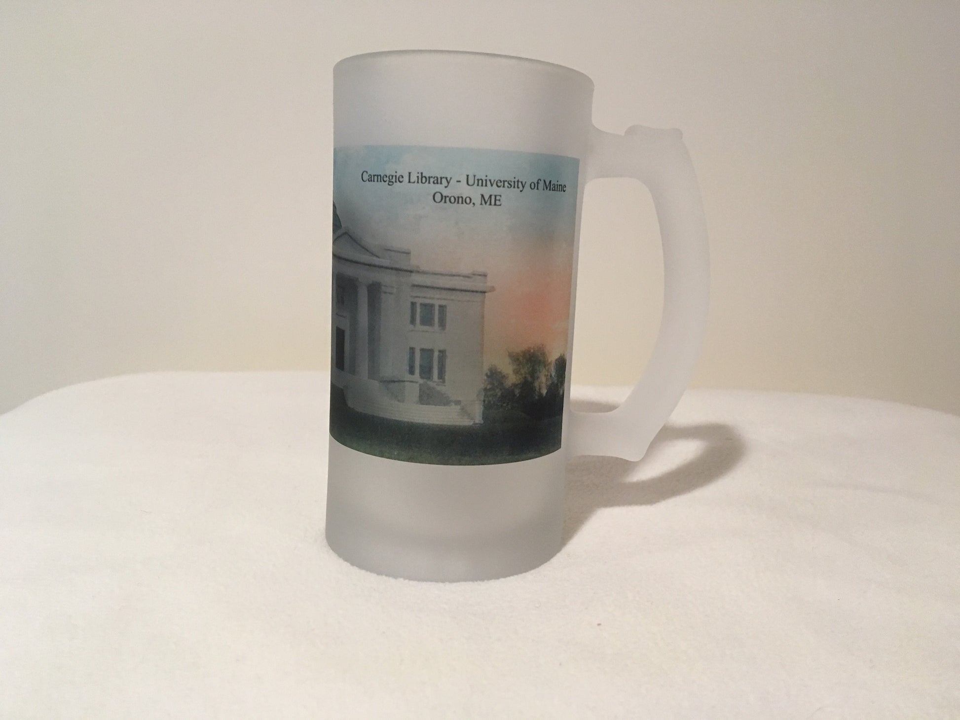 Colorful Frosted Glass Beer Mug of Carnegie Library at UMaine - Orono. - That Fabled Shore Home Decor