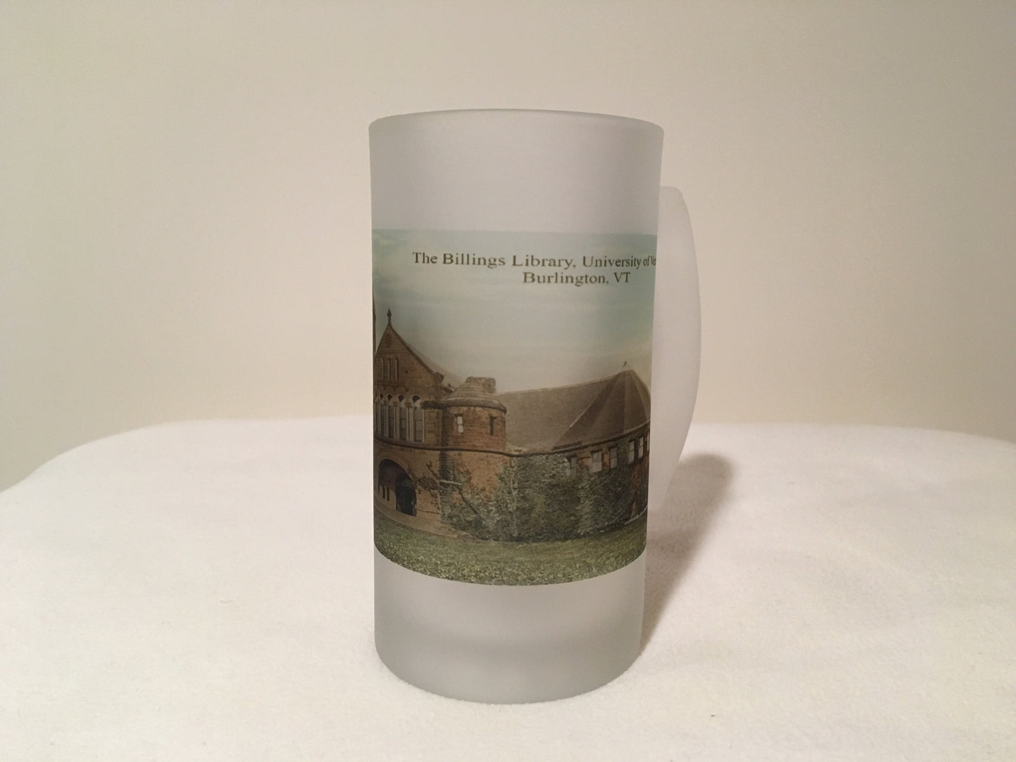 The University of Vermont Frosted Glass Beer Mug Featuring The Billings Library - That Fabled Shore Home Decor