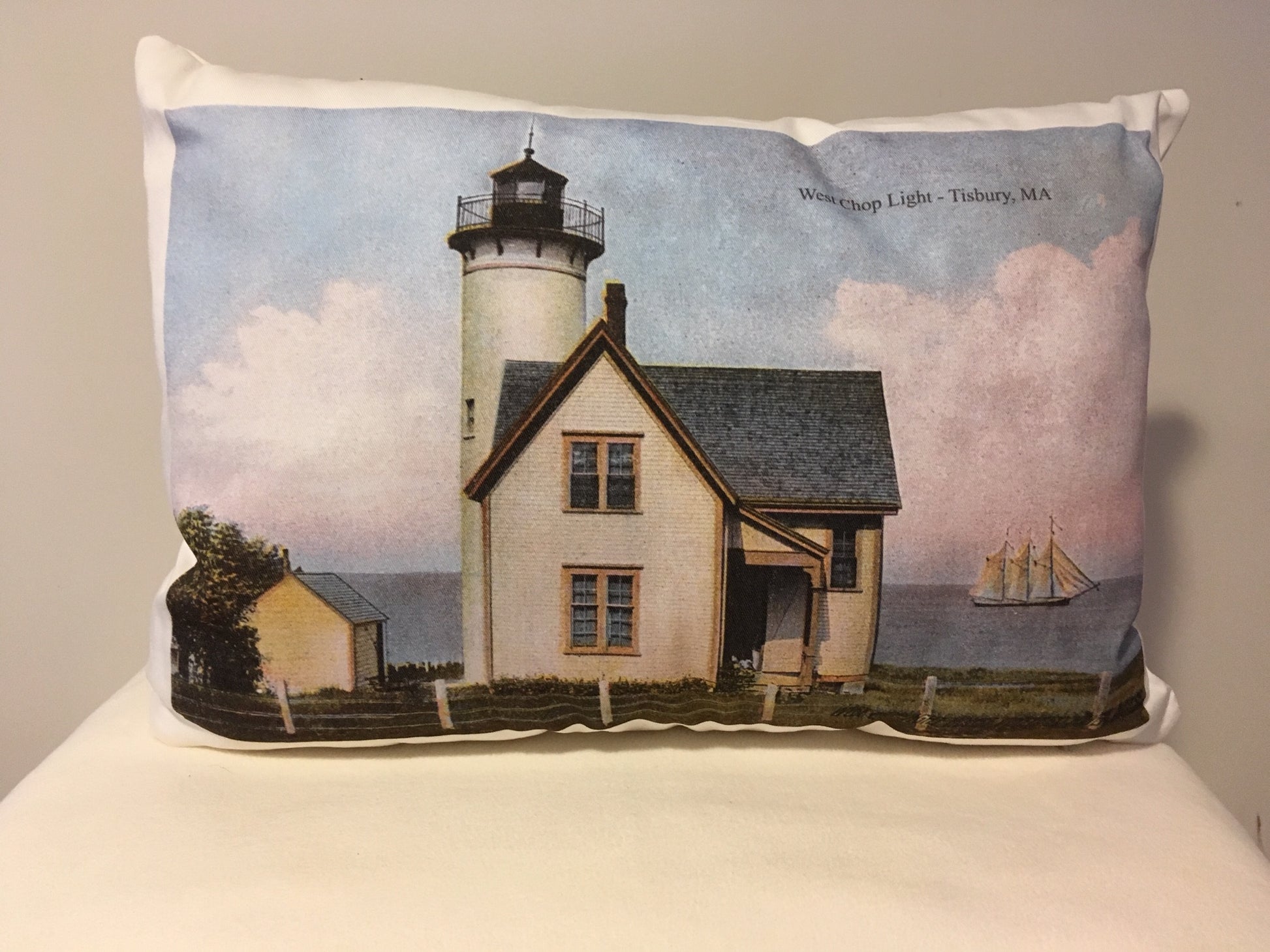 Colorful Cotton Twill Pillow Of West Chop Light On Martha's Vineyard - That Fabled Shore Home Decor
