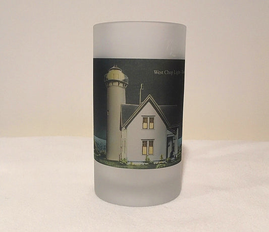 Colorful Frosted Glass Mug of West Chop Light at Night in Tisbury, MA - That Fabled Shore Home Decor