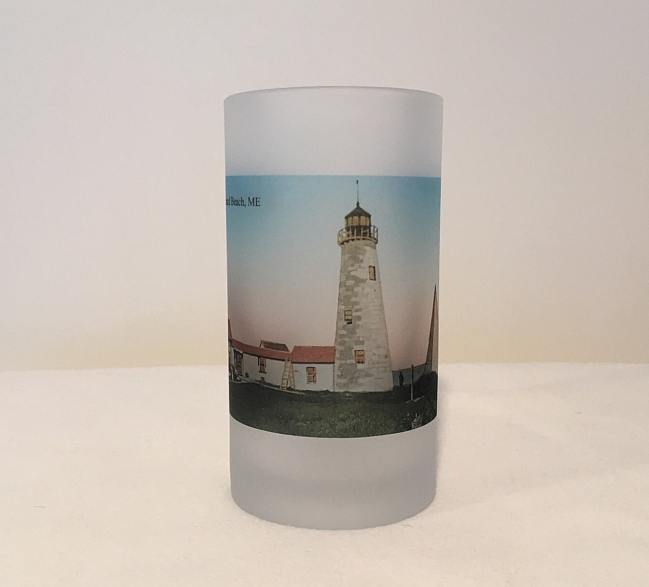 Colorful Frosted Glass Beer Mug of Wood Island Light in Old Orchard Beach Maine - That Fabled Shore Home Decor