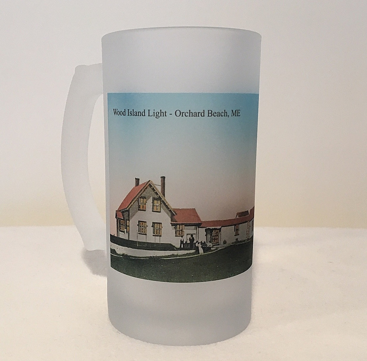 Colorful Frosted Glass Beer Mug of Wood Island Light in Old Orchard Beach Maine - That Fabled Shore Home Decor