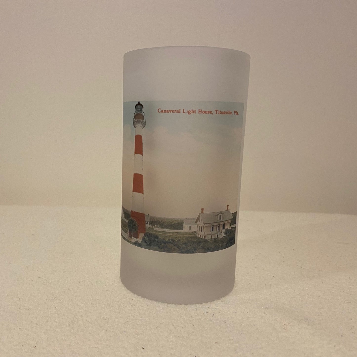 Colorful Frosted Glass Mug of Canaveral Light in Titusville, Florida